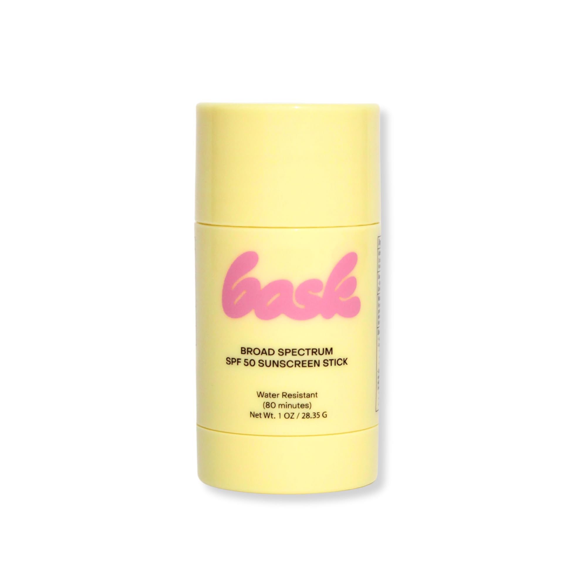 Bask SPF 50 stick front view showing fragrance-free sun protection for all-day outdoor activities.