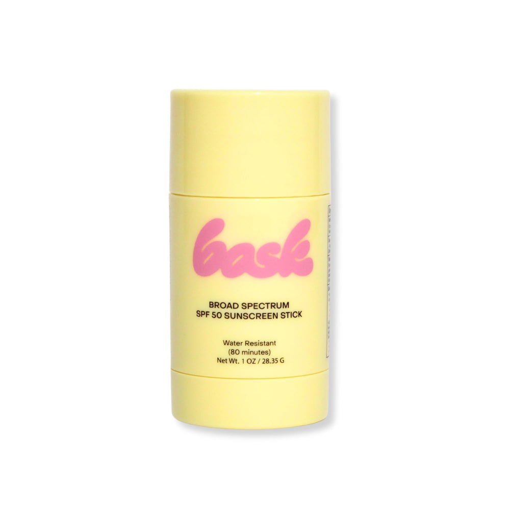 Bask SPF 50 stick front view showing fragrance-free sun protection for all-day outdoor activities.