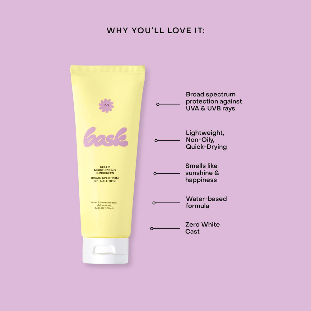 Bask Suncare SPF 50 reef-friendly formula emphasizing Hawaii ACT 104 compliance.