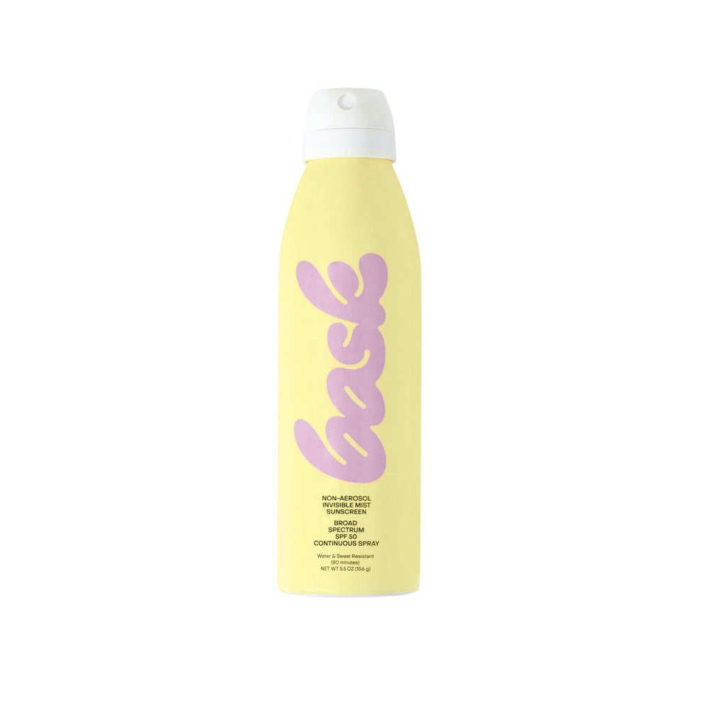 Bask Suncare SPF 50 spray bottle side view for quick, lightweight sun protection.