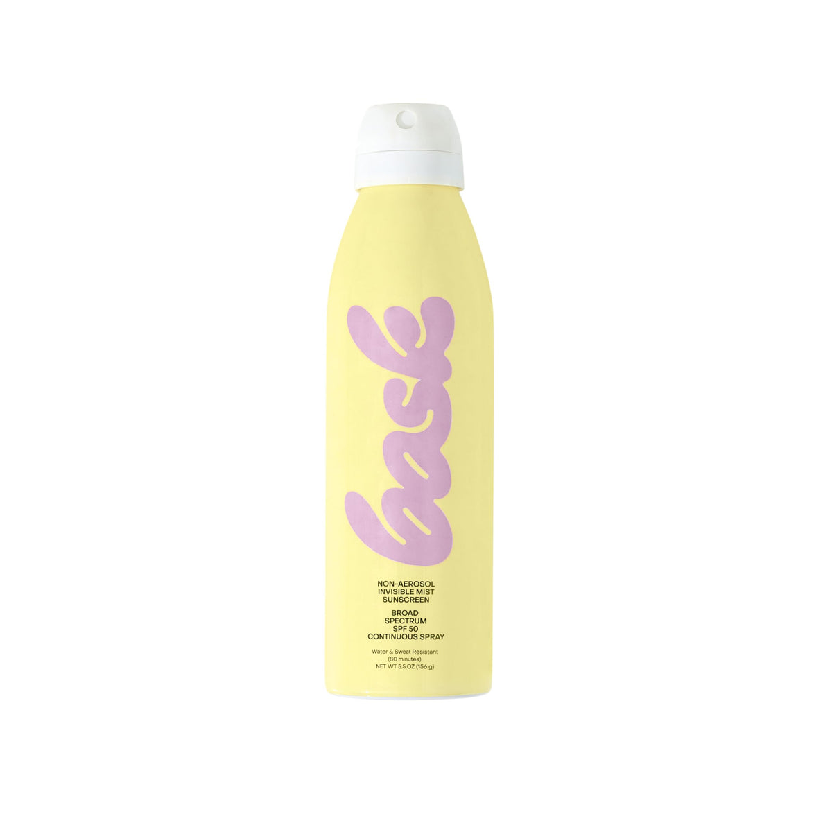 Bask Suncare SPF 50 spray bottle side view for quick, lightweight sun protection.