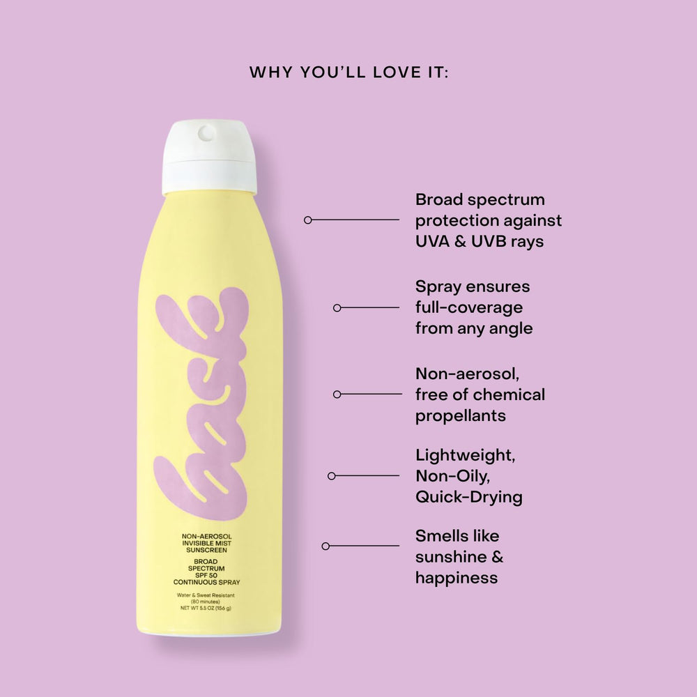 Bask Suncare SPF 50 reef-friendly formula emphasizes safe use near marine life.