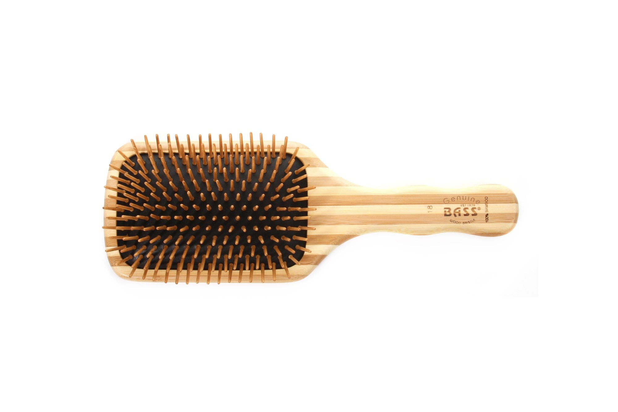 Bass The Green Brush bamboo handle close-up highlights bristles for gentle detangling.
