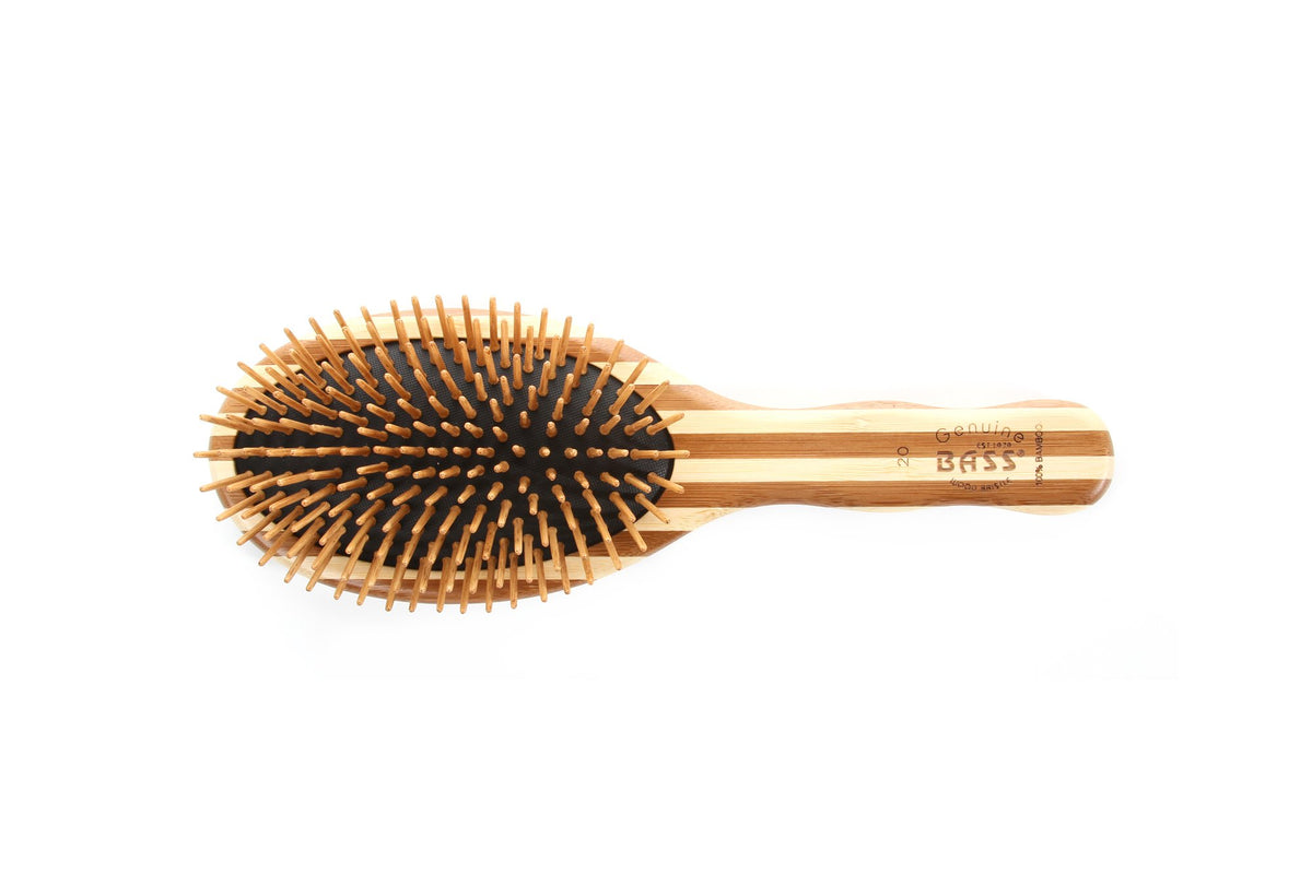 Bass Green Brush Bamboo Pin Hairbrush showcases natural bamboo pins for gentle detangling.