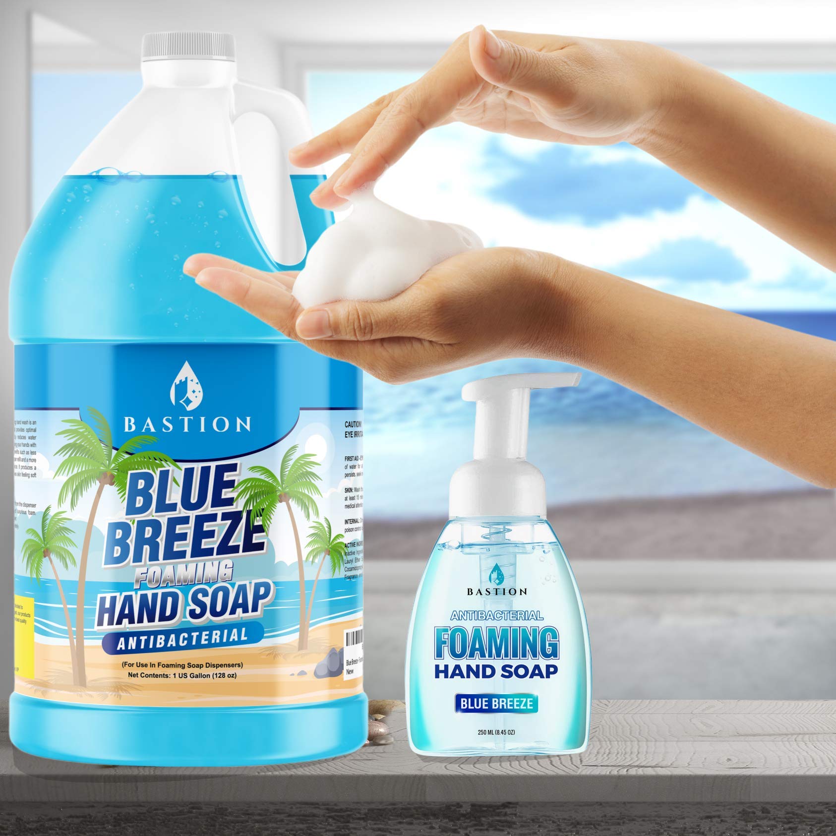 Bastion Blue Breeze rich foam lather coats hands for thorough cleaning