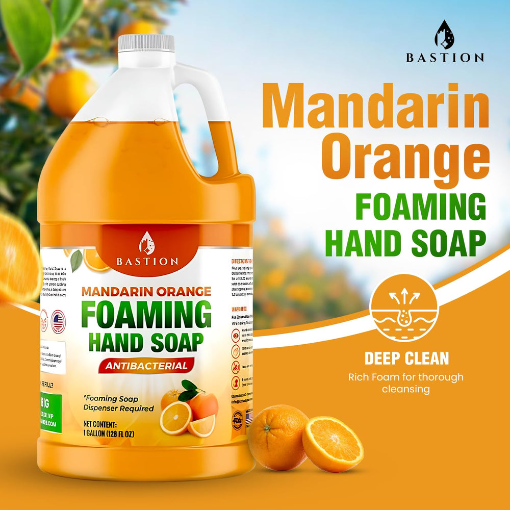 Bastion foaming soap in bathroom scene showing quick lather and citrus aroma.