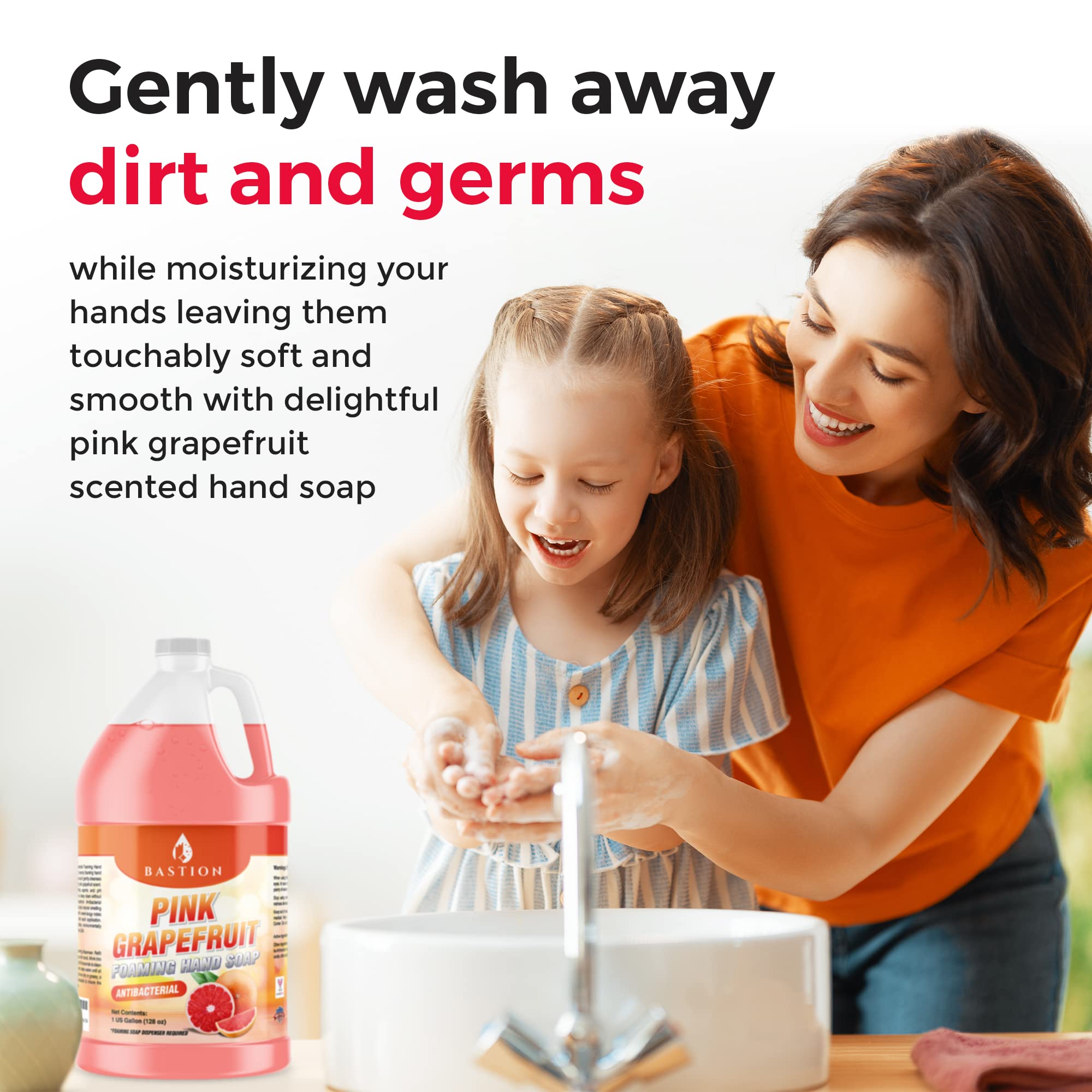 Bastion Pink Grapefruit Foaming Hand Soap foam creates rich lather for easy dirt removal.