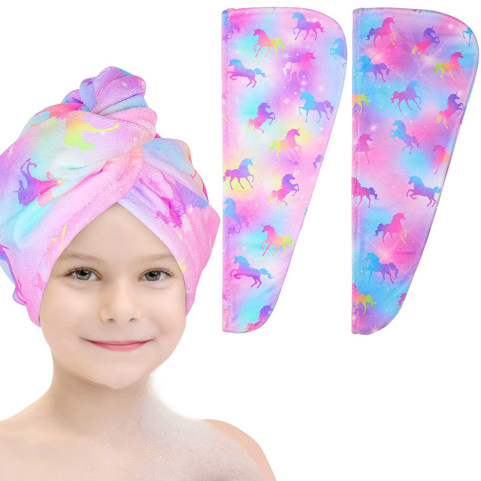 Basumee microfiber hair towel wrap with unicorn pattern for quick drying after baths.