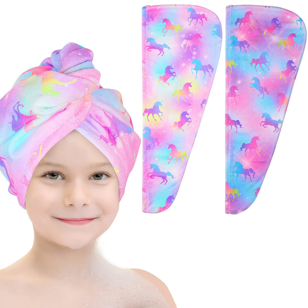 Basumee microfiber hair towel wrap with unicorn pattern for quick drying after baths.