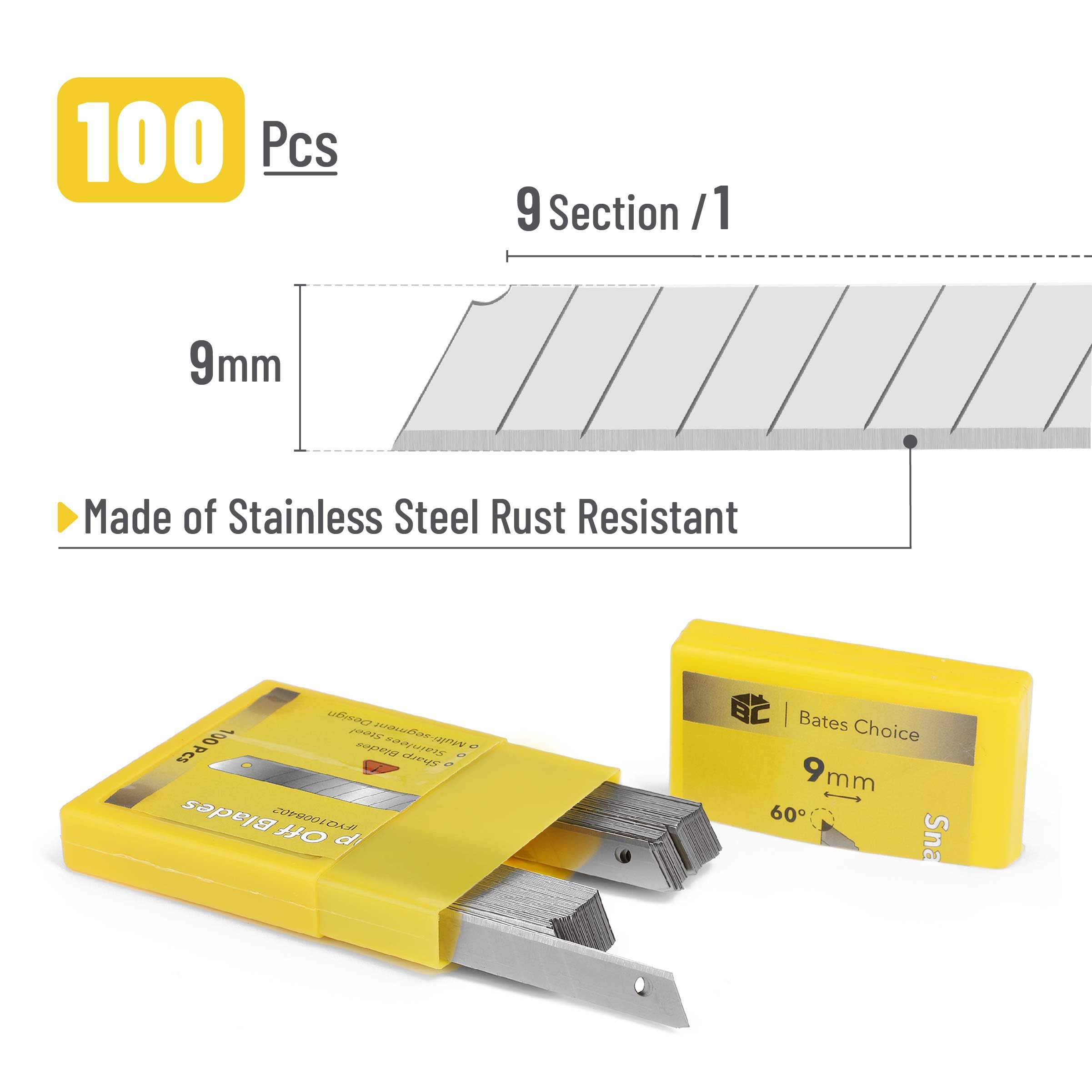 Bates Choice snap-off blades close-up edge highlights precise 60° cutting for fine tasks.