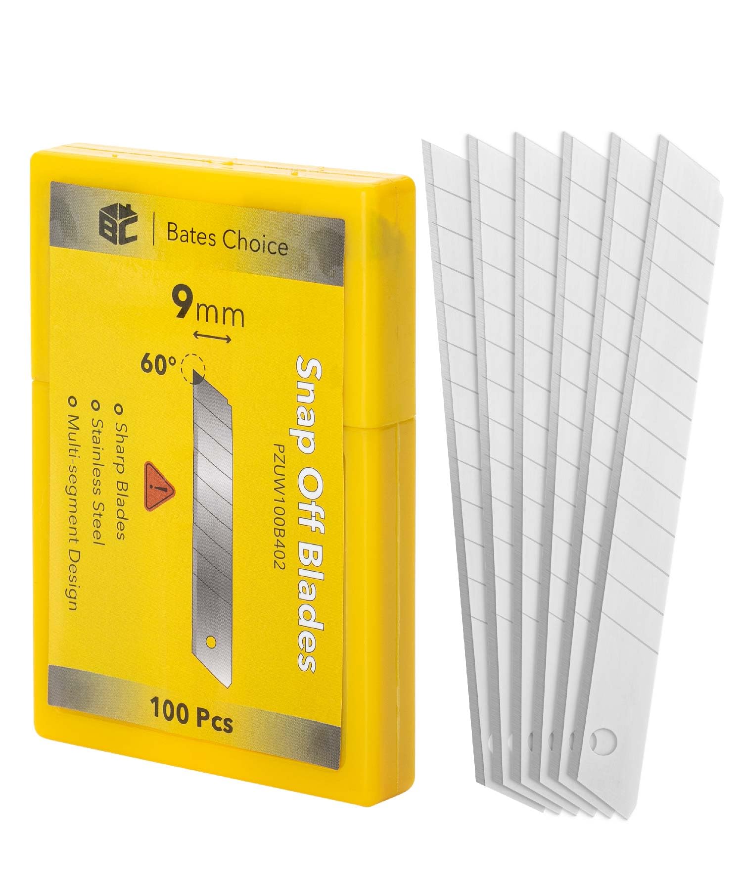 Bates Choice snap-off blades pack cover displays durable 100-pack in yellow case for easy access.