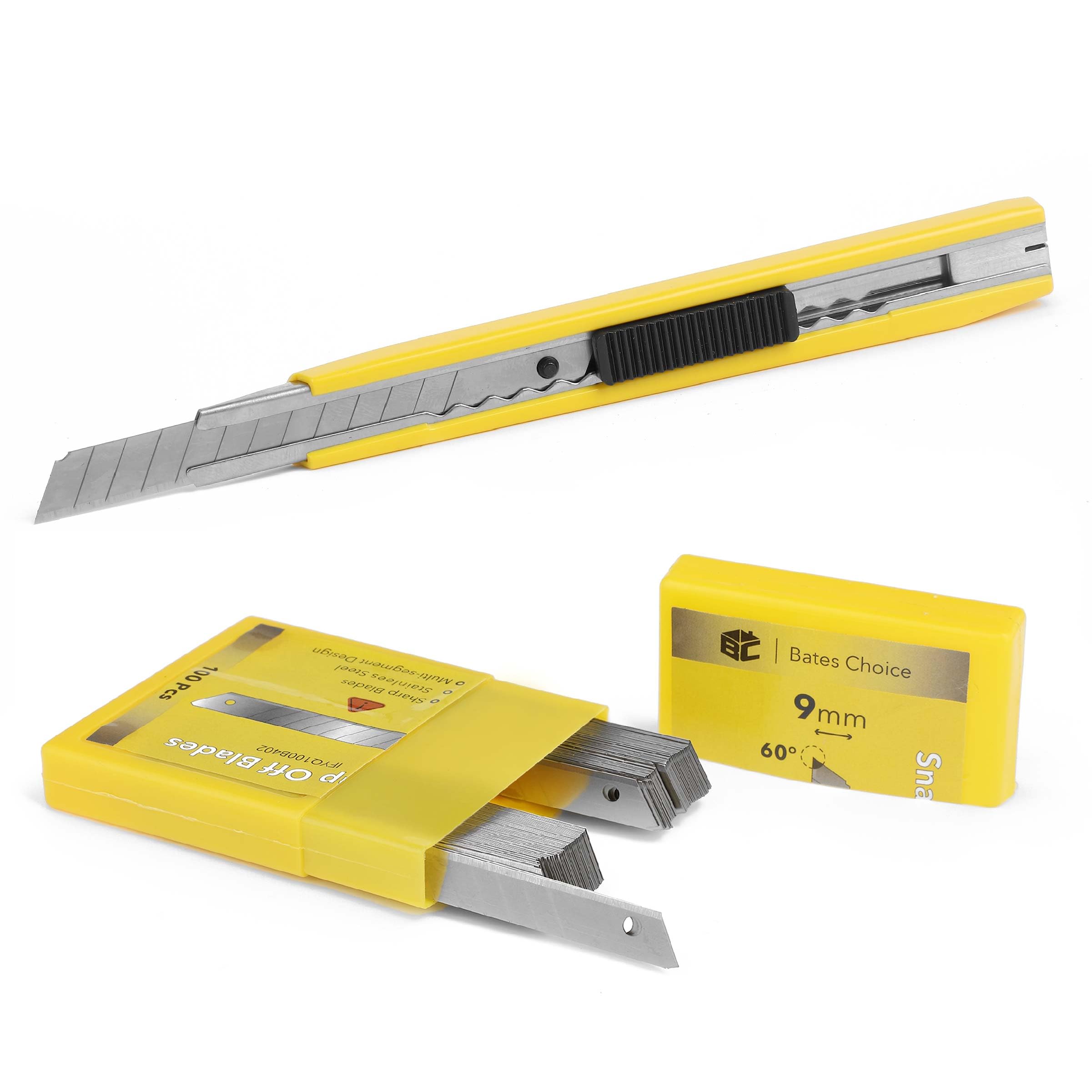 Bates Choice snap-off blades yellow storage case organizes blades securely.