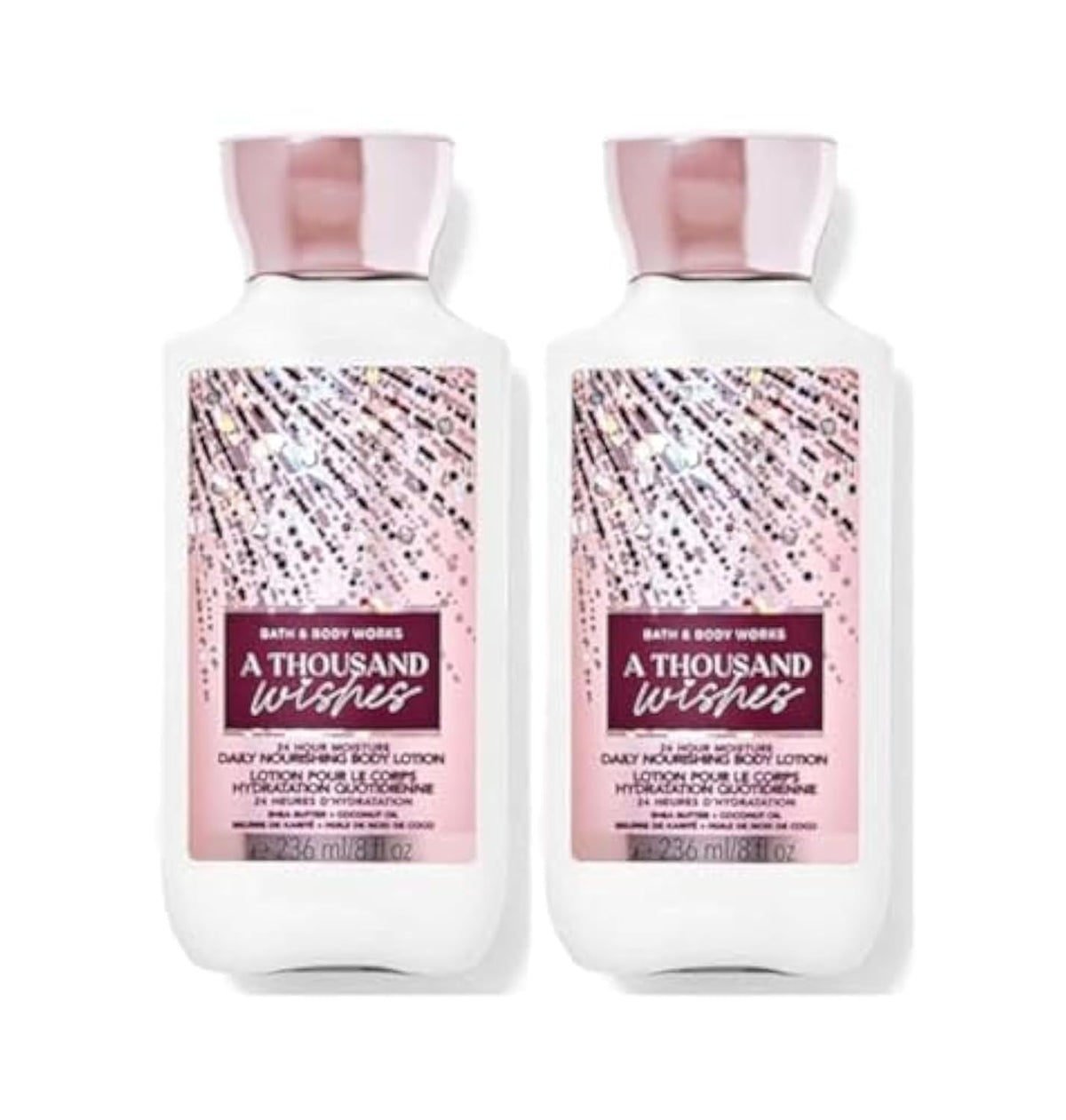 Bath & Body Works A Thousand Wishes lotion bottle promotes 48-hour moisture and silky skin.