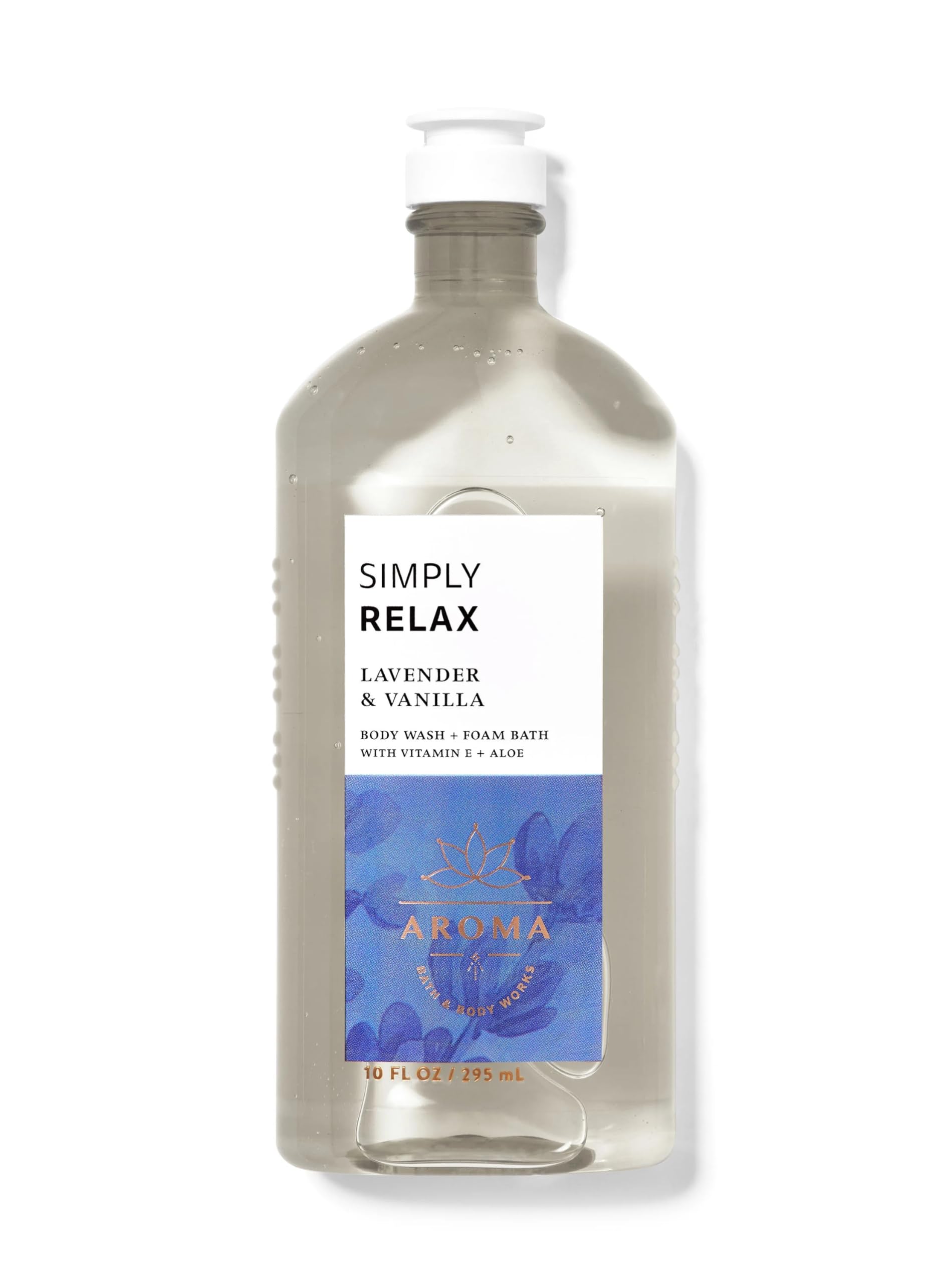 Bath & Body Works Aromatherapy Sleep Lavender Vanilla bottle pour for a calming shower ritual.