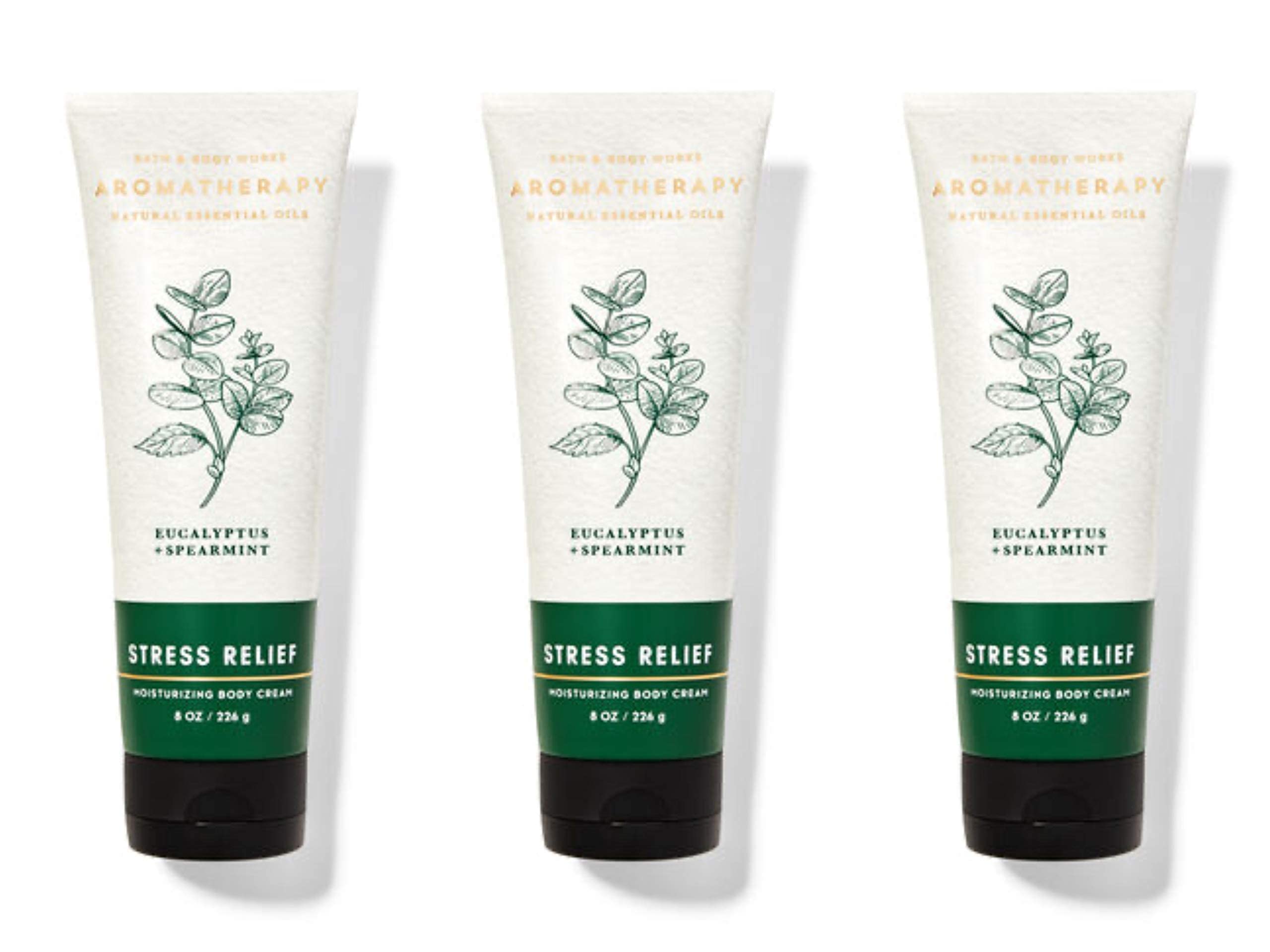 Bath & Body Works Aromatherapy Stress Relief body cream tube, eucalyptus spearmint, supports relaxed mind and moisturized skin.