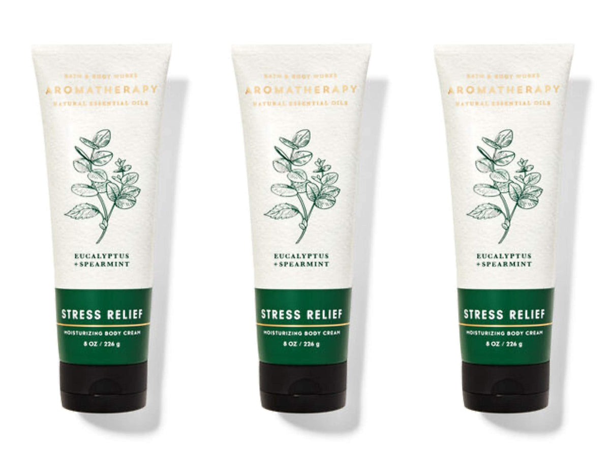 Bath & Body Works Aromatherapy Stress Relief body cream tube, eucalyptus spearmint, supports relaxed mind and moisturized skin.
