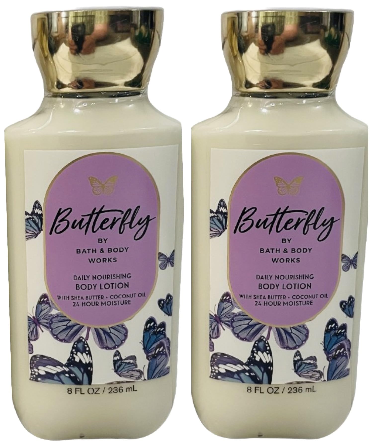 Bath & Body Works Butterfly Body Lotion label detail highlights raspberry nectar and iris petals fragrance.