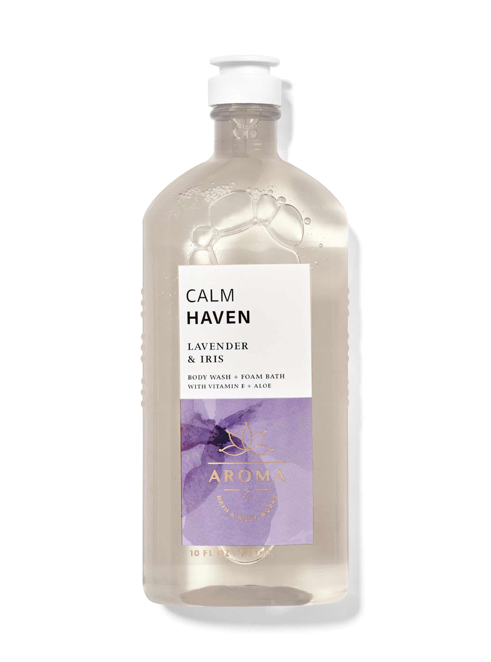 Bath & Body Works Calm Haven Lavender Iris bottle pour for a refreshing shower ritual
