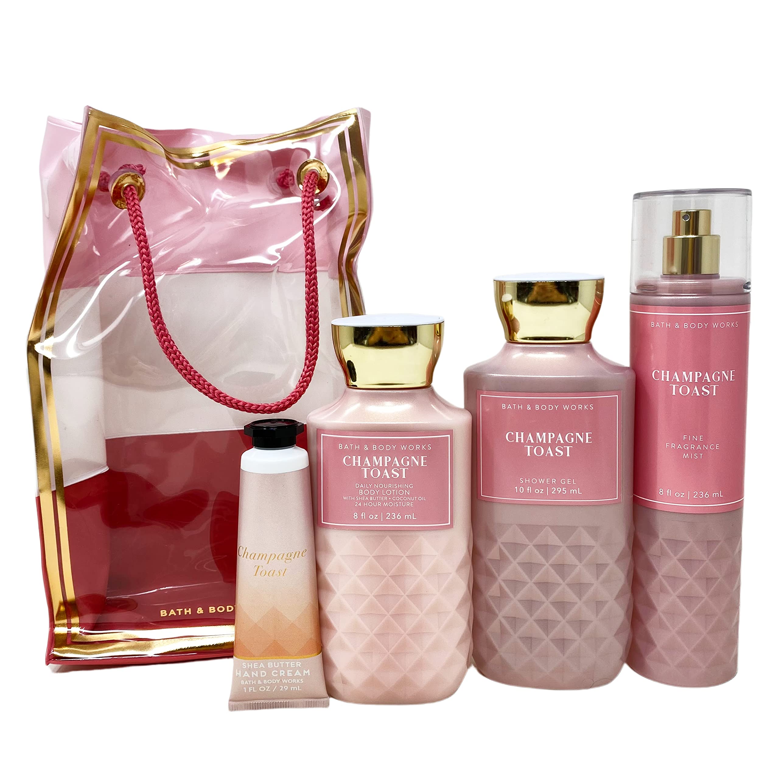 Bath & Body Works Champagne Toast set arranged inside a transparent gift bag, ready for gifting