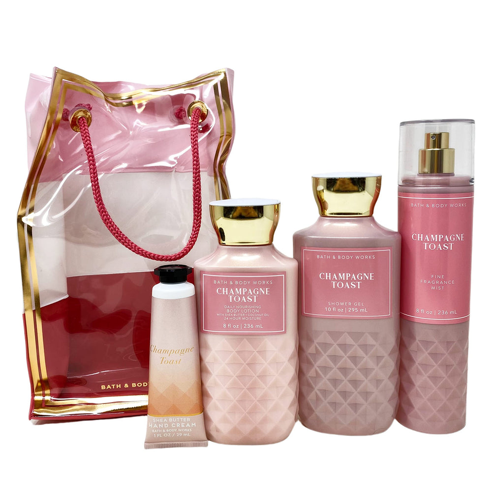 Bath & Body Works Champagne Toast set arranged inside a transparent gift bag, ready for gifting