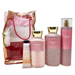 Bath & Body Works Champagne Toast set arranged inside a transparent gift bag, ready for gifting