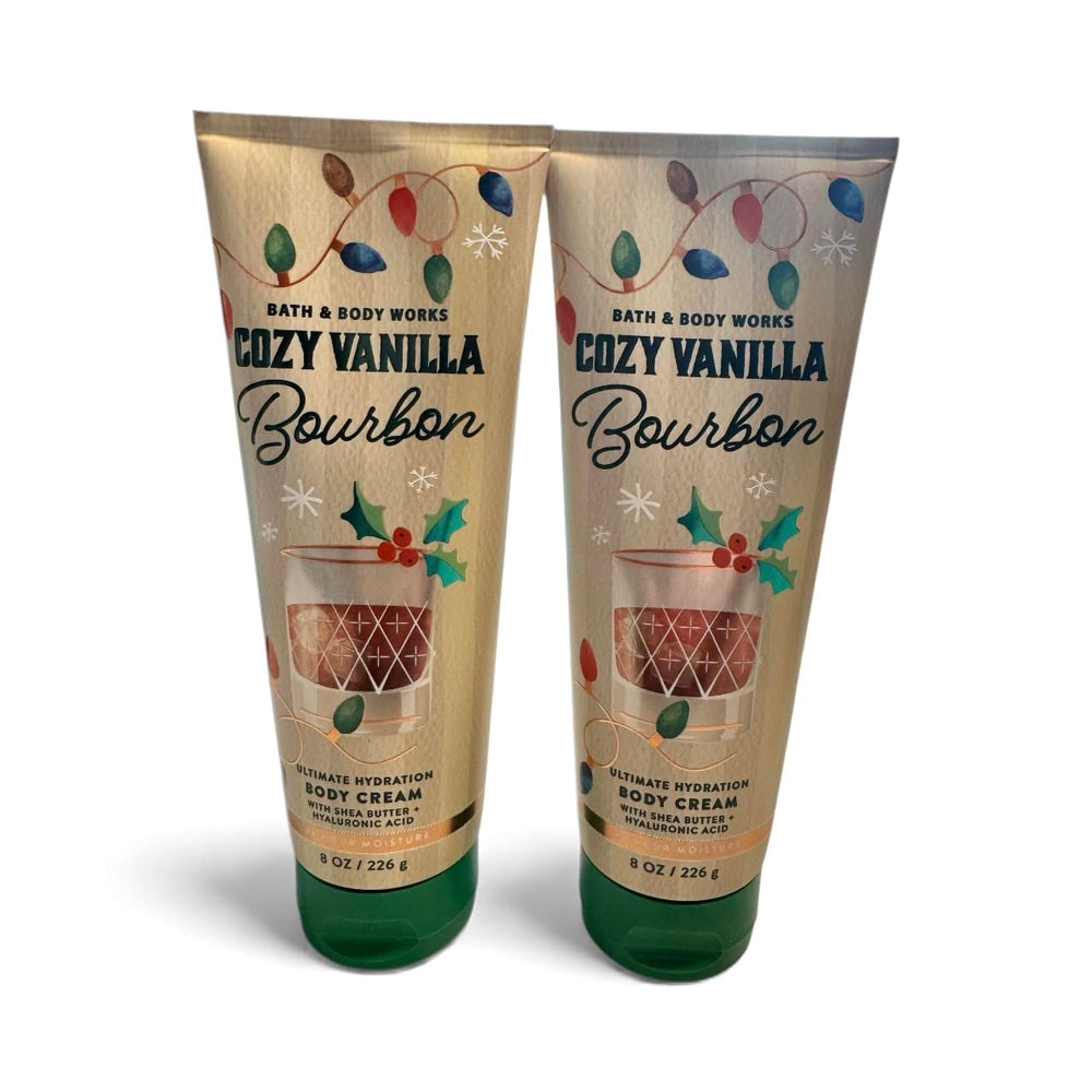 Bath & Body Works Cozy Vanilla Bourbon body cream bottle-artwork evokes seasonal scent for cozy routines.