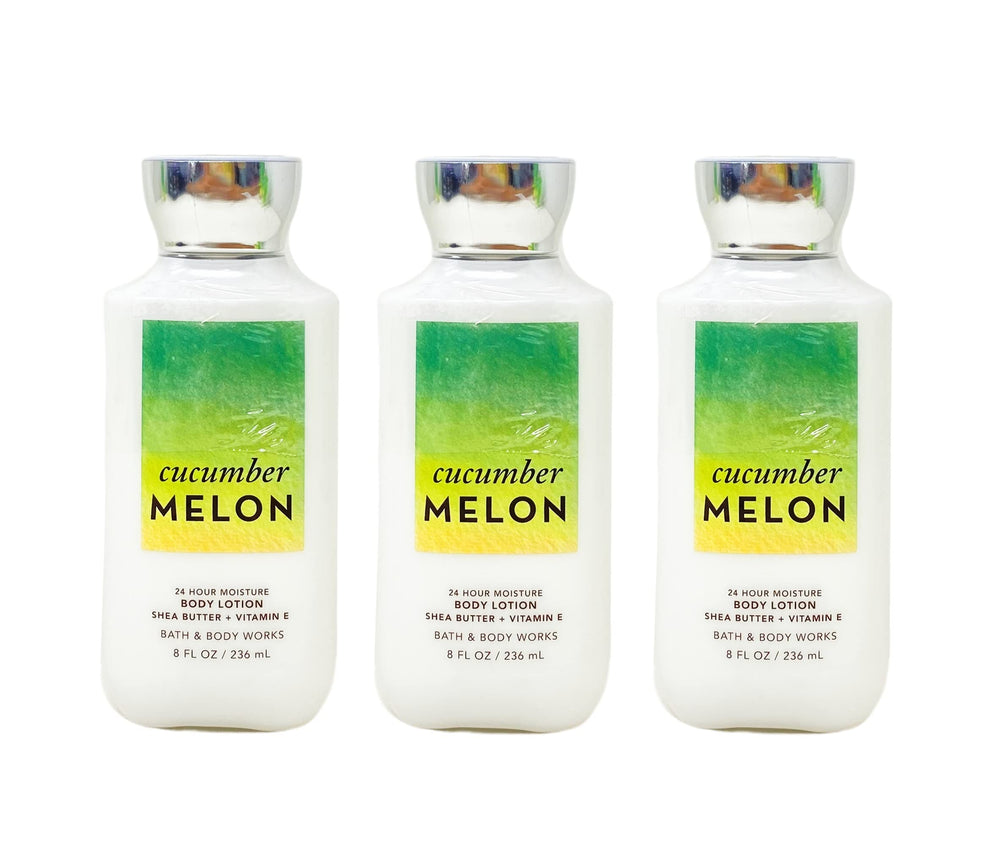 Bath & Body Works Cucumber Melon lotion bottle pour highlighting long-lasting hydration
