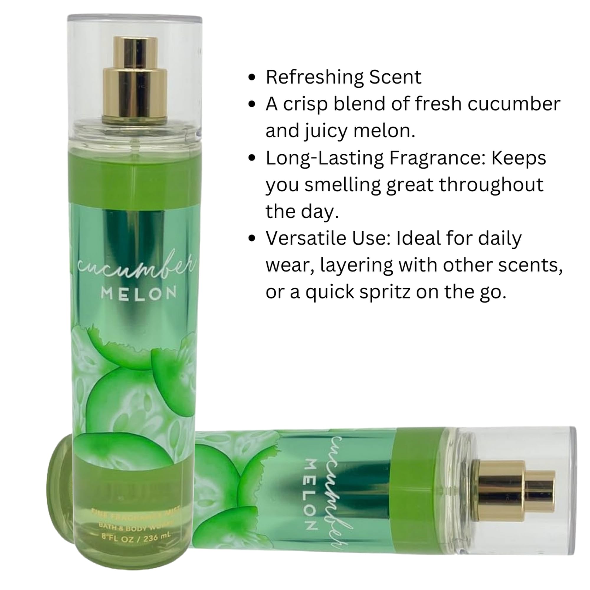 Bath and Body Works cucumber melon fragrance mist splash label emphasizes trusted brand and fragrance notes