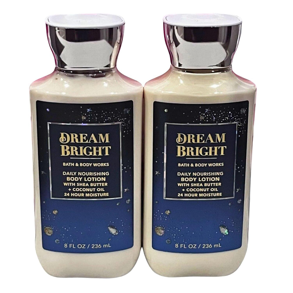 Bath & Body Works Dream Bright lotion set packaging shows two 8oz bottles for all-day moisture.