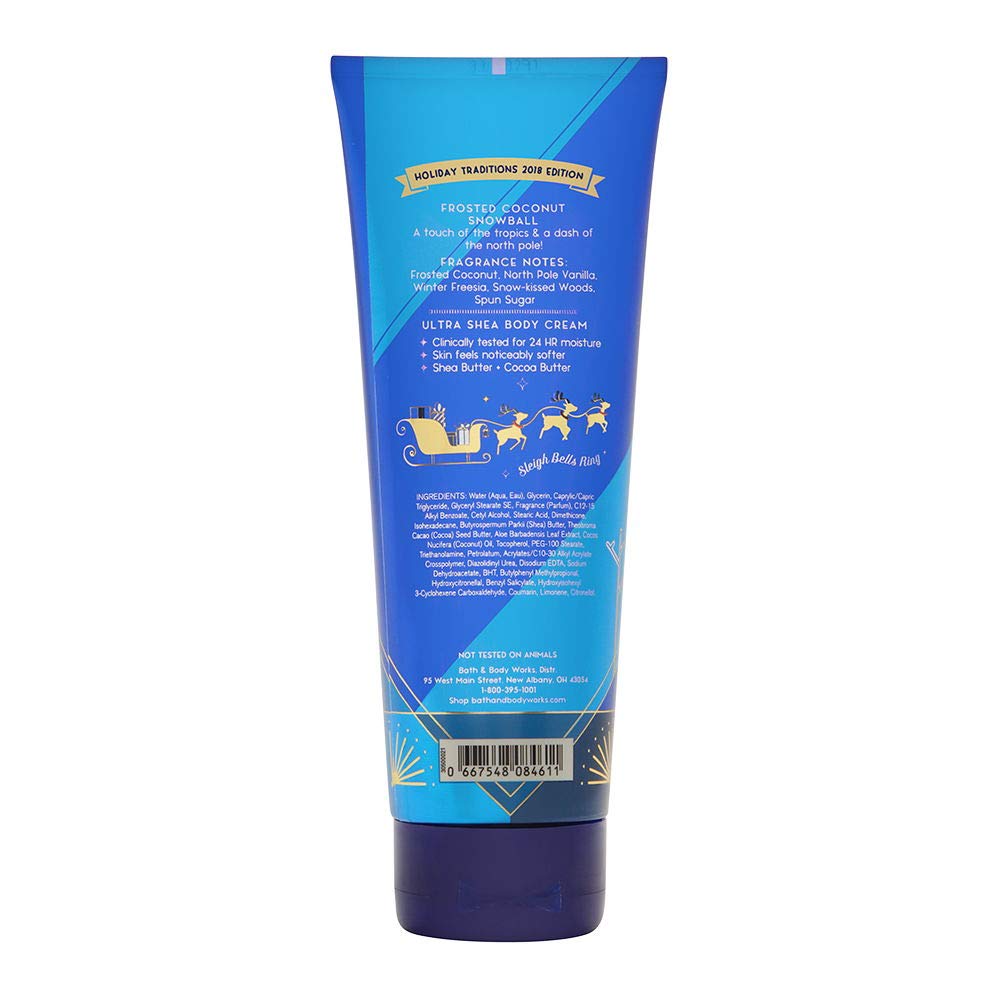 Bath & Body Works Frosted Coconut Snowball texture closeup, creamy moisturizer for silky skin.