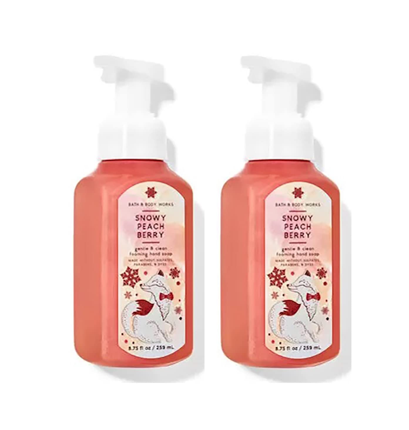 Bath and Body Works gentle foaming hand soap Snowy Peach Berry two-pack; moisturizes hands with a light fragrance.