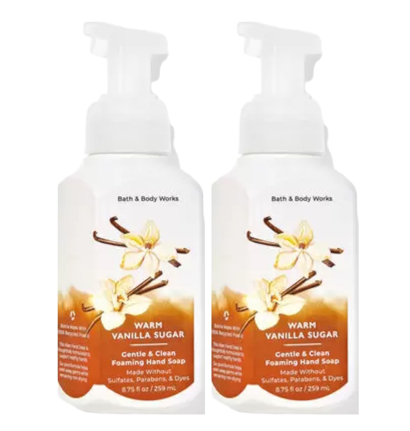 Bath and Body Works Gentle Foaming Hand Soap Warm Vanilla Sugar 2-pack pump bottle, ideal for daily cleansing.