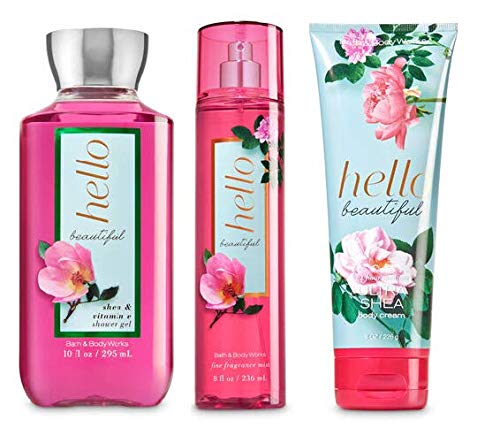 Bath & Body Works Hello Beautiful set with shower gel, fragrance mist, and body cream for daily pampering.