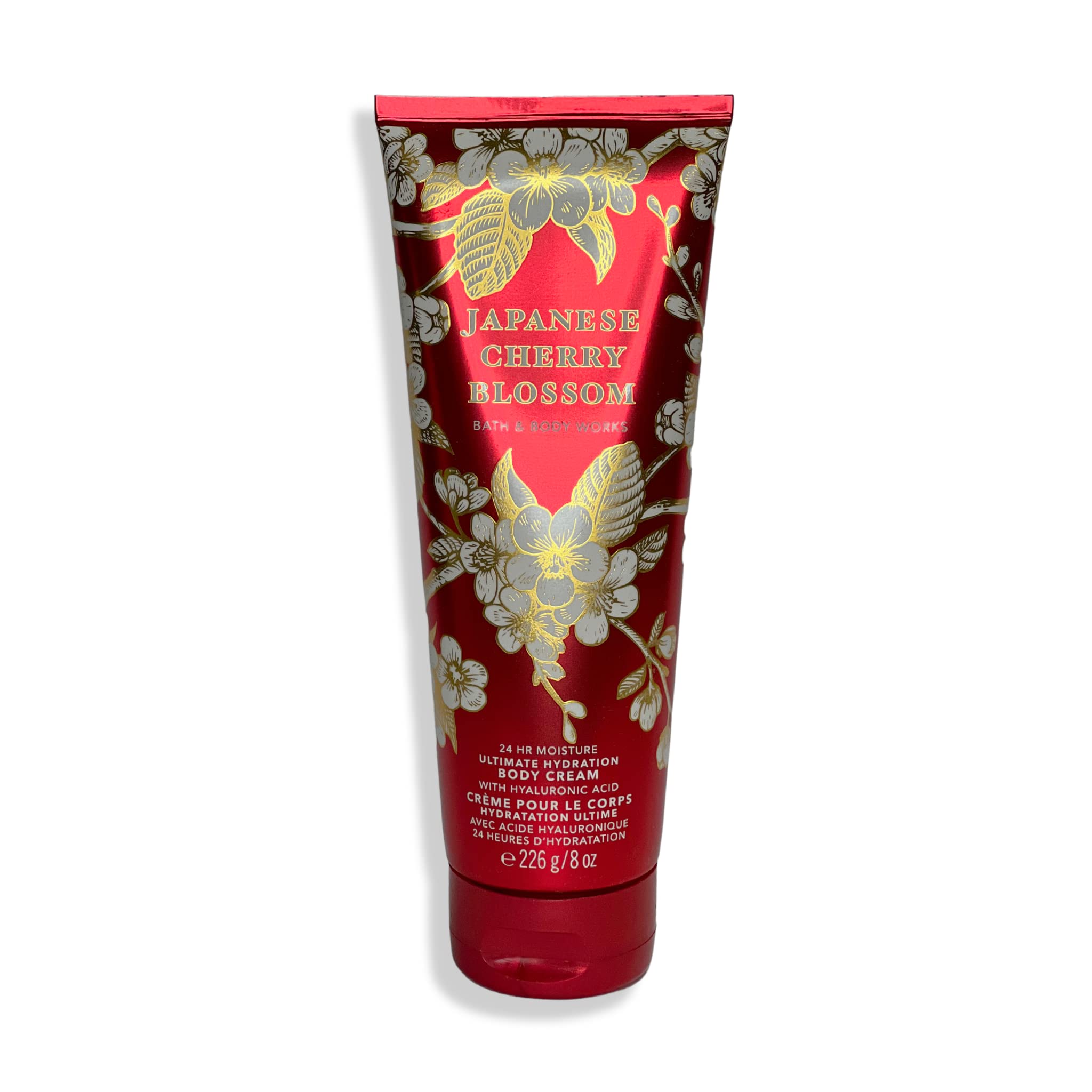 Bath & Body Works Japanese Cherry Blossom ultimate hydration label close-up highlights lasting moisture.