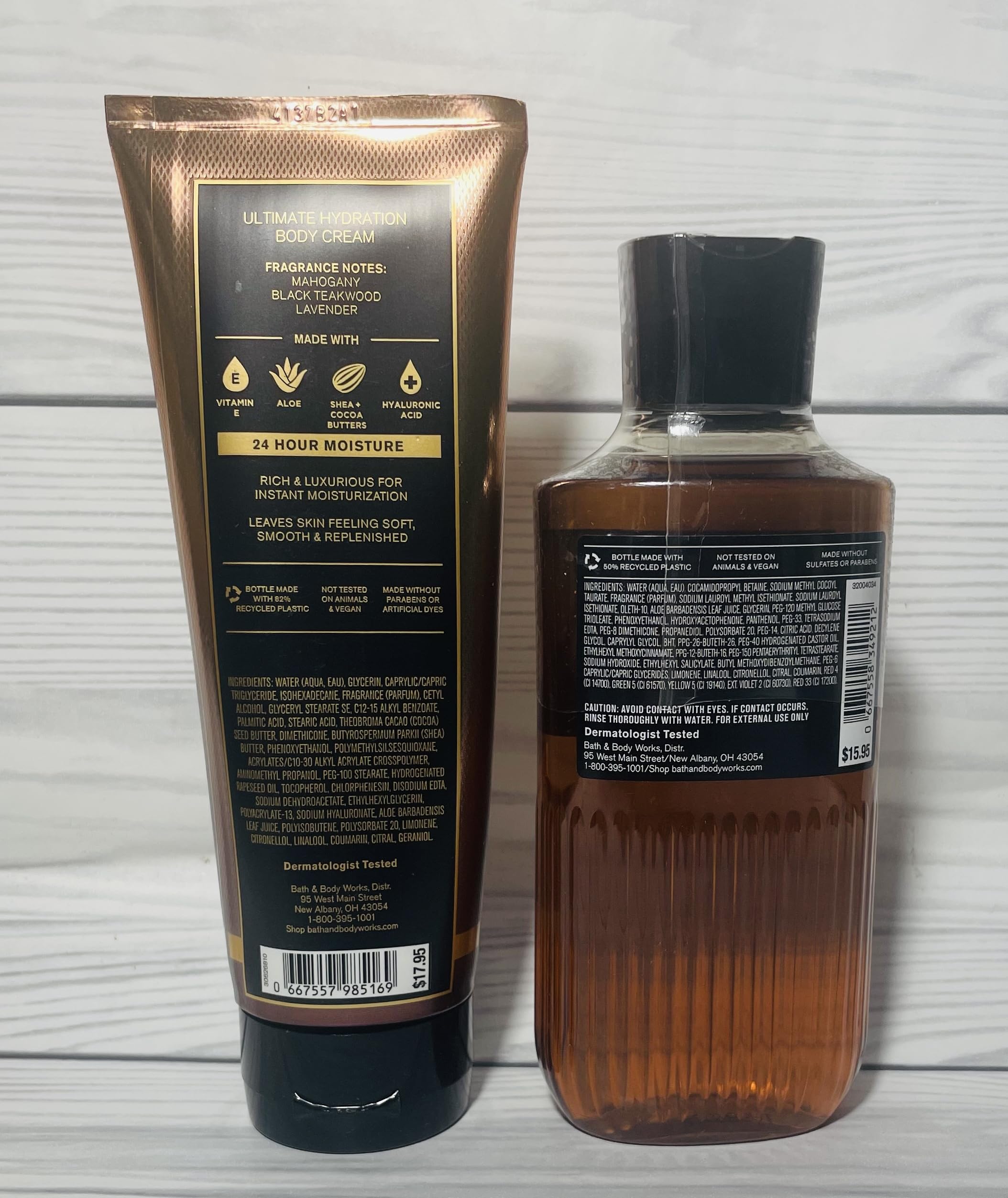 Bath & Body Works Mahogany Teakwood packaging varies bottle-art display conveys masculine fragrance.