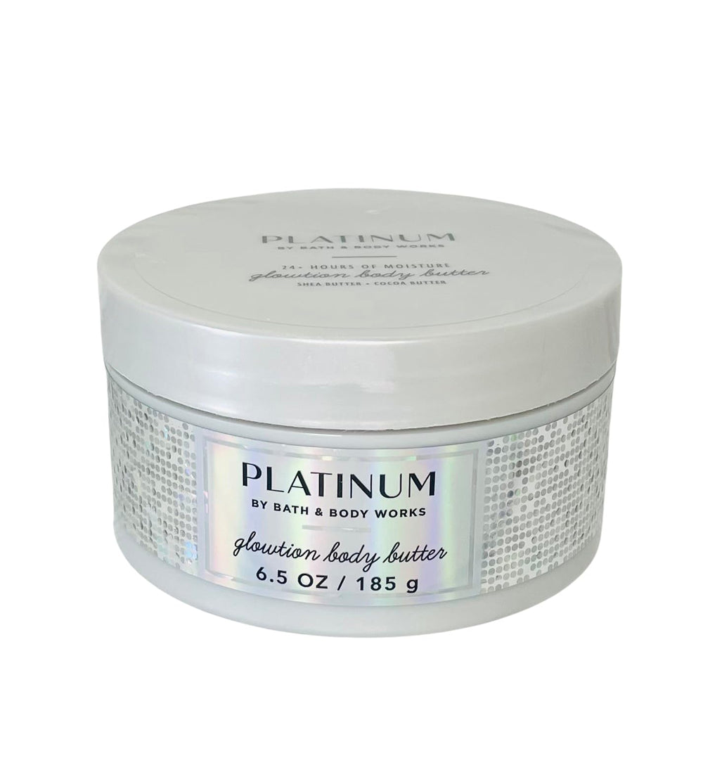 Bath & Body Works Platinum Whipped Body Butter bottle front for luxurious skincare ritual.