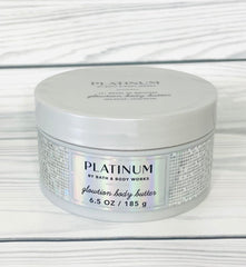 Bath & Body Works Platinum Whipped Body Butter jar closeup shows creamy texture for deep moisturization.