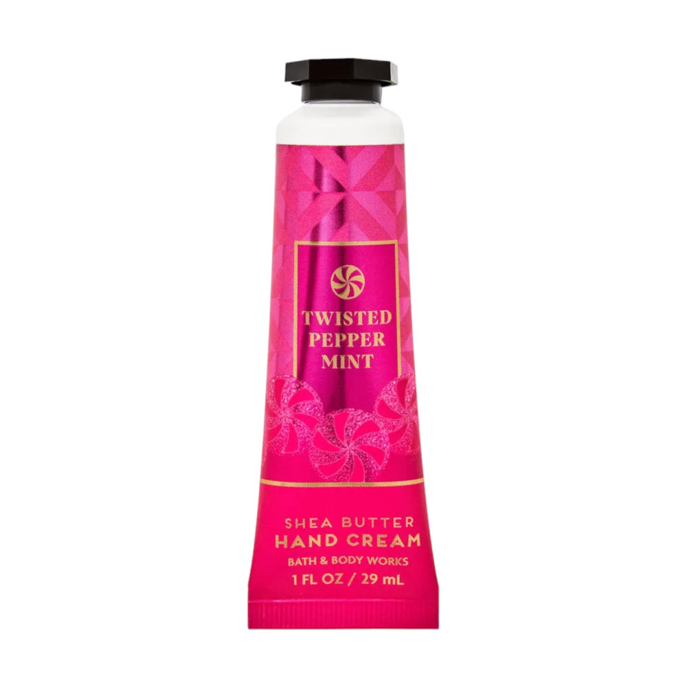 Bath & Body Works Shea Butter Hand Cream Twisted Peppermint in 1oz tube for on-the-go hydration.
