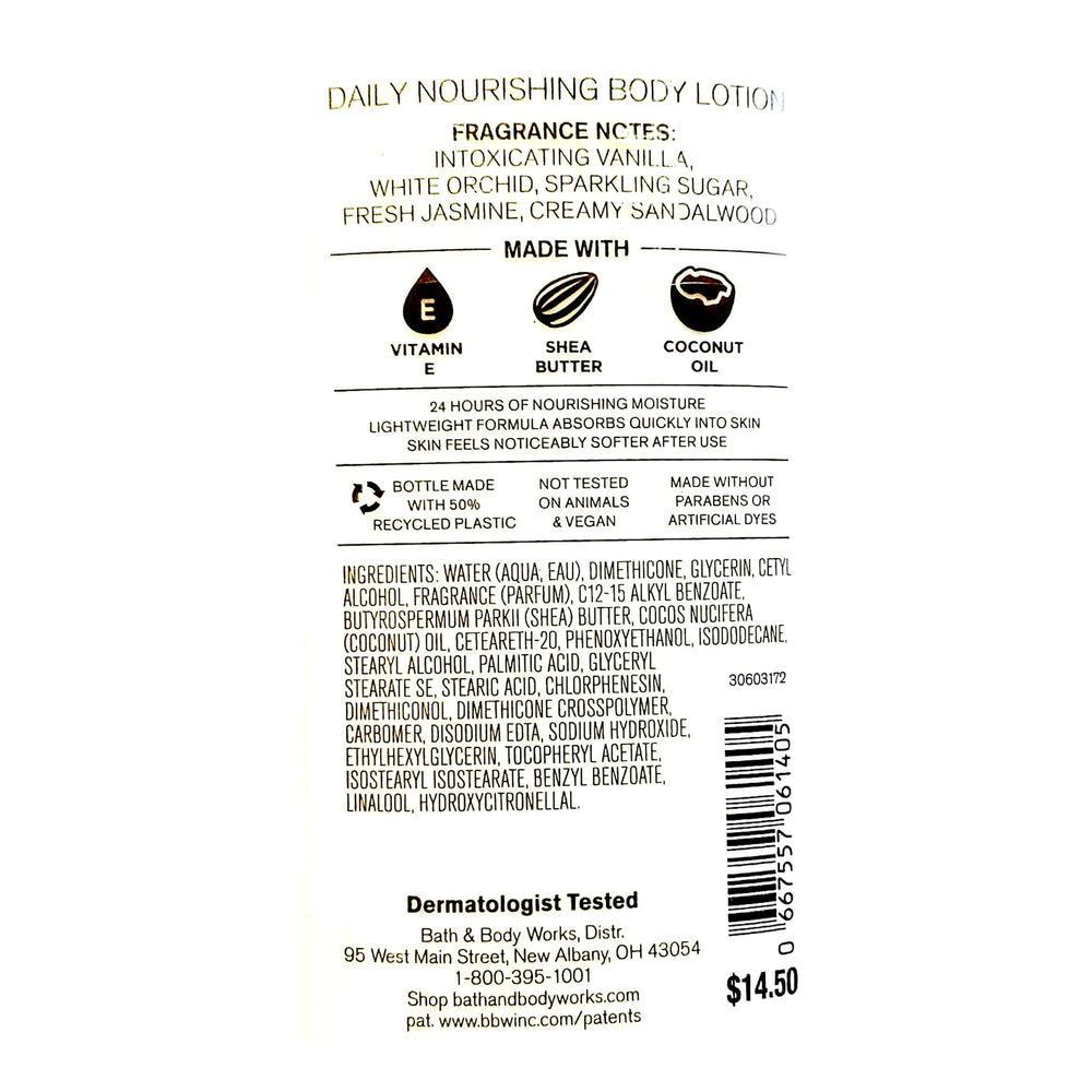 Bath & Body Works Shea Vitamin-E ingredients close-up highlighting nourishing, non-greasy formula