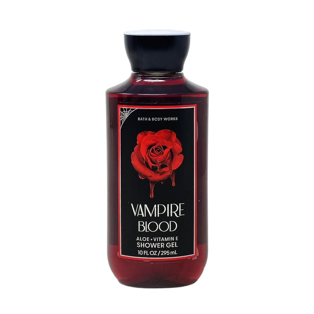 Bath & Body Works Vampire Blood shower gel bottle pouring for hydrating cleanse and luxurious lather.