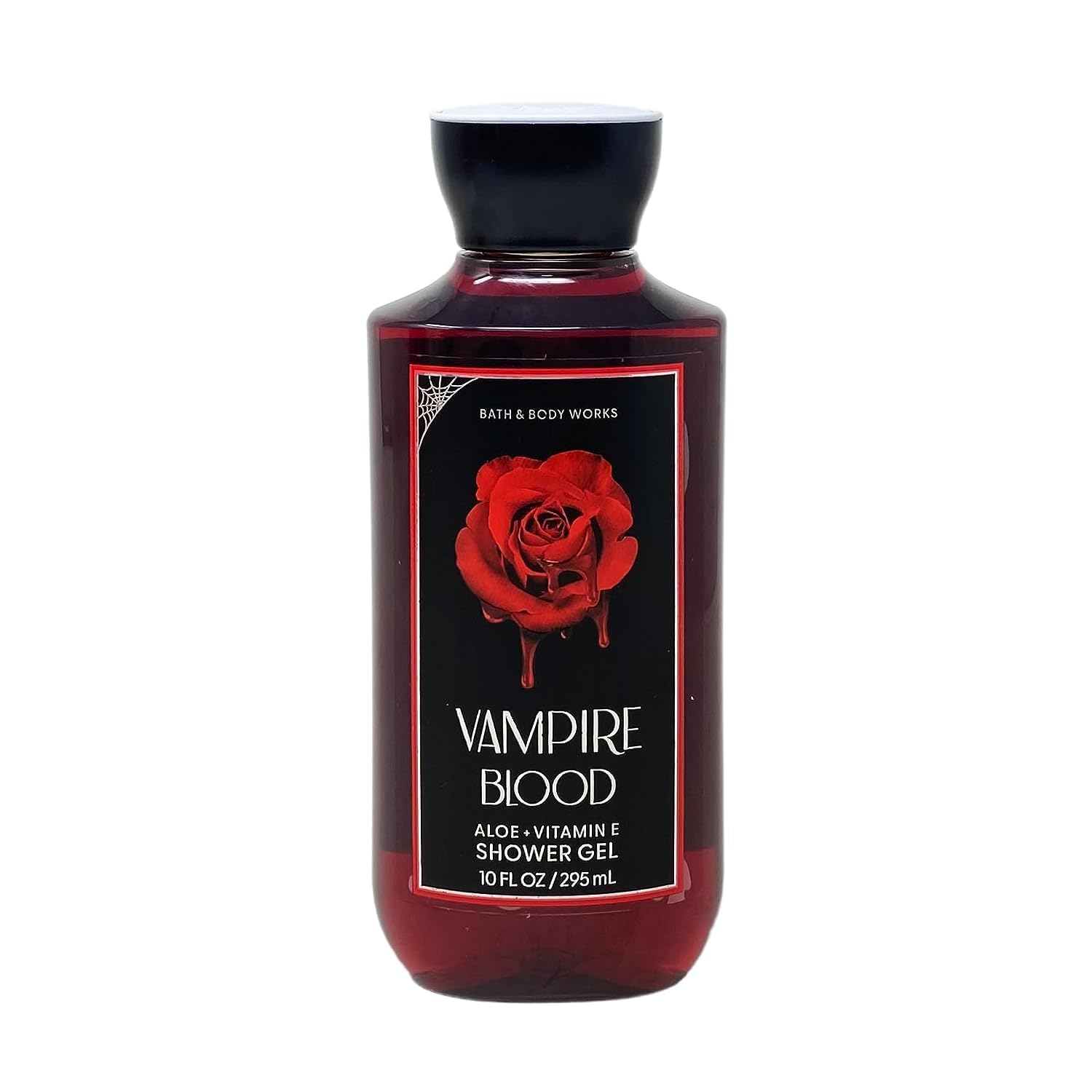 Bath & Body Works Vampire Blood shower gel bottle pouring for hydrating cleanse and luxurious lather.