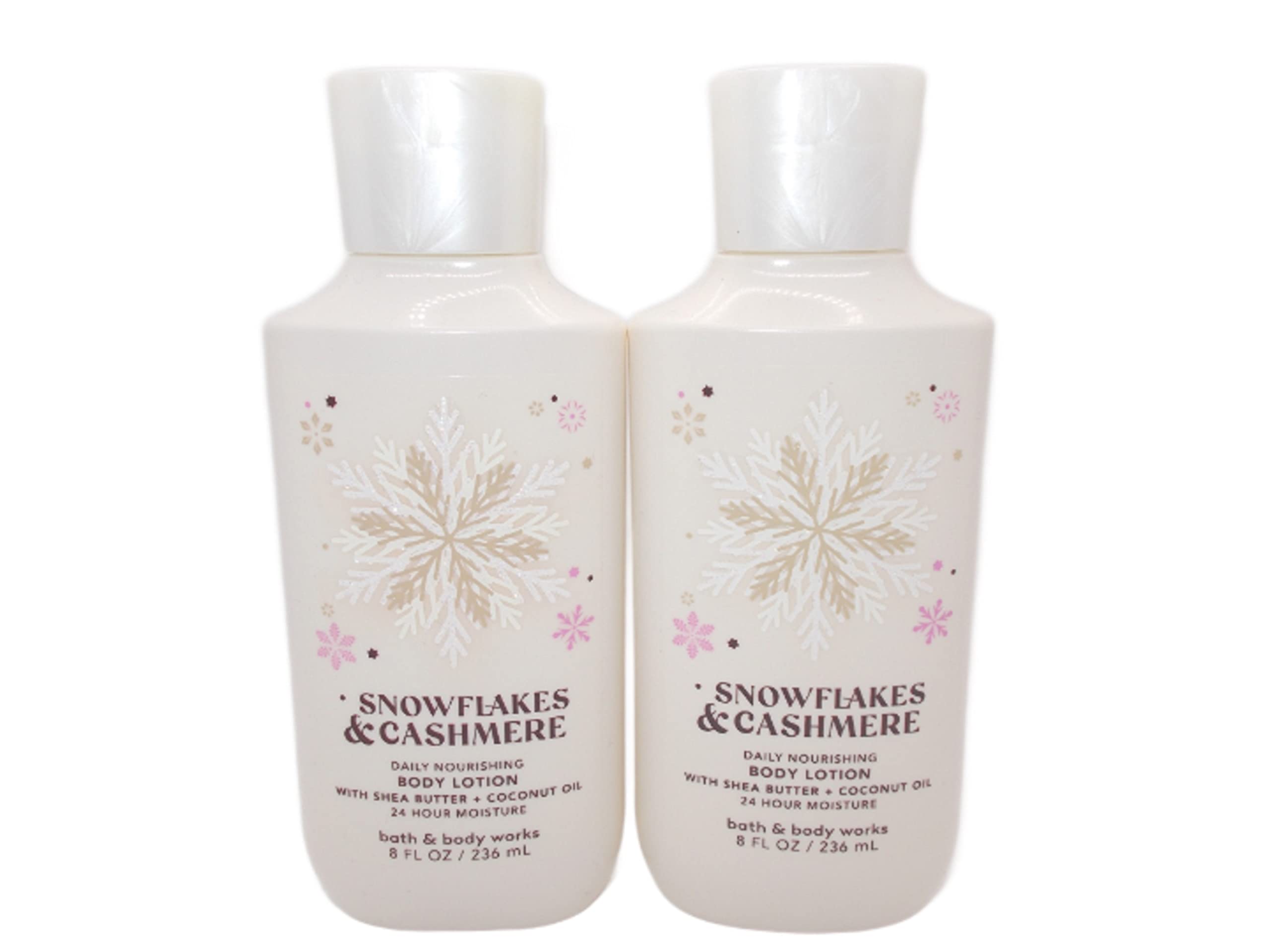 Bath and Body Works Snowflakes and Cashmere 8oz bottles back view highlighting gift-ready packaging.