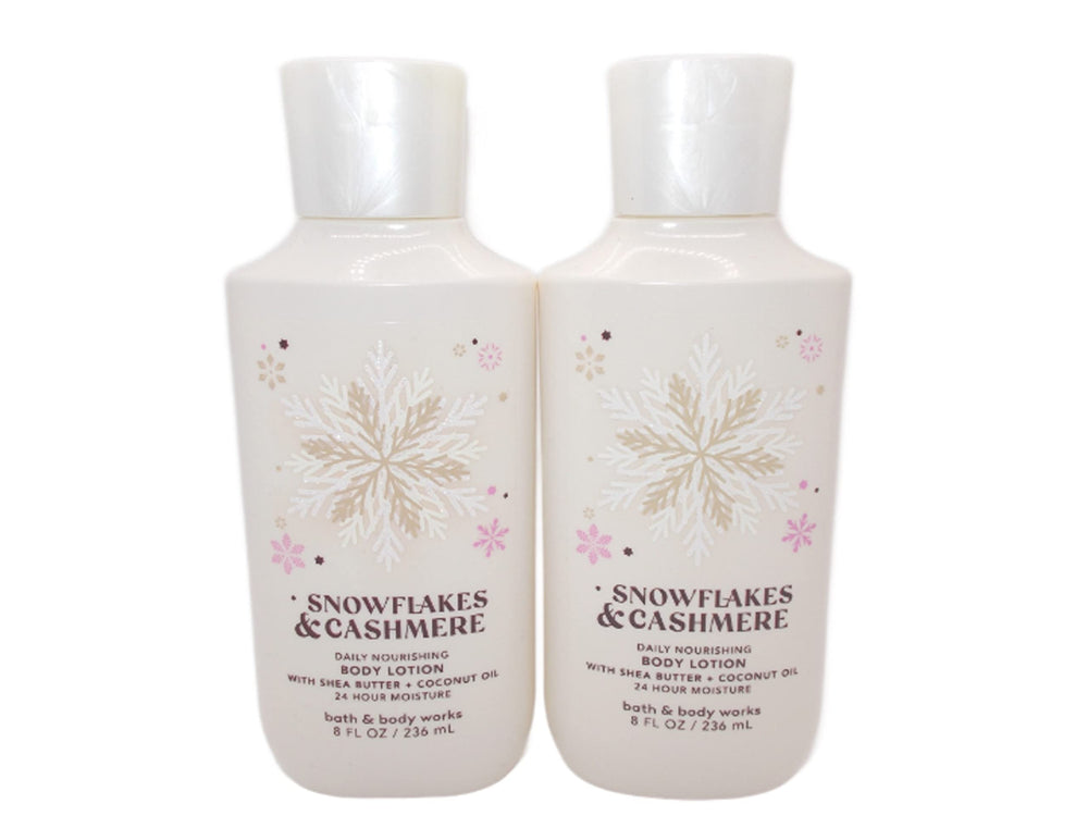 Bath and Body Works Snowflakes and Cashmere 8oz bottles back view highlighting gift-ready packaging.
