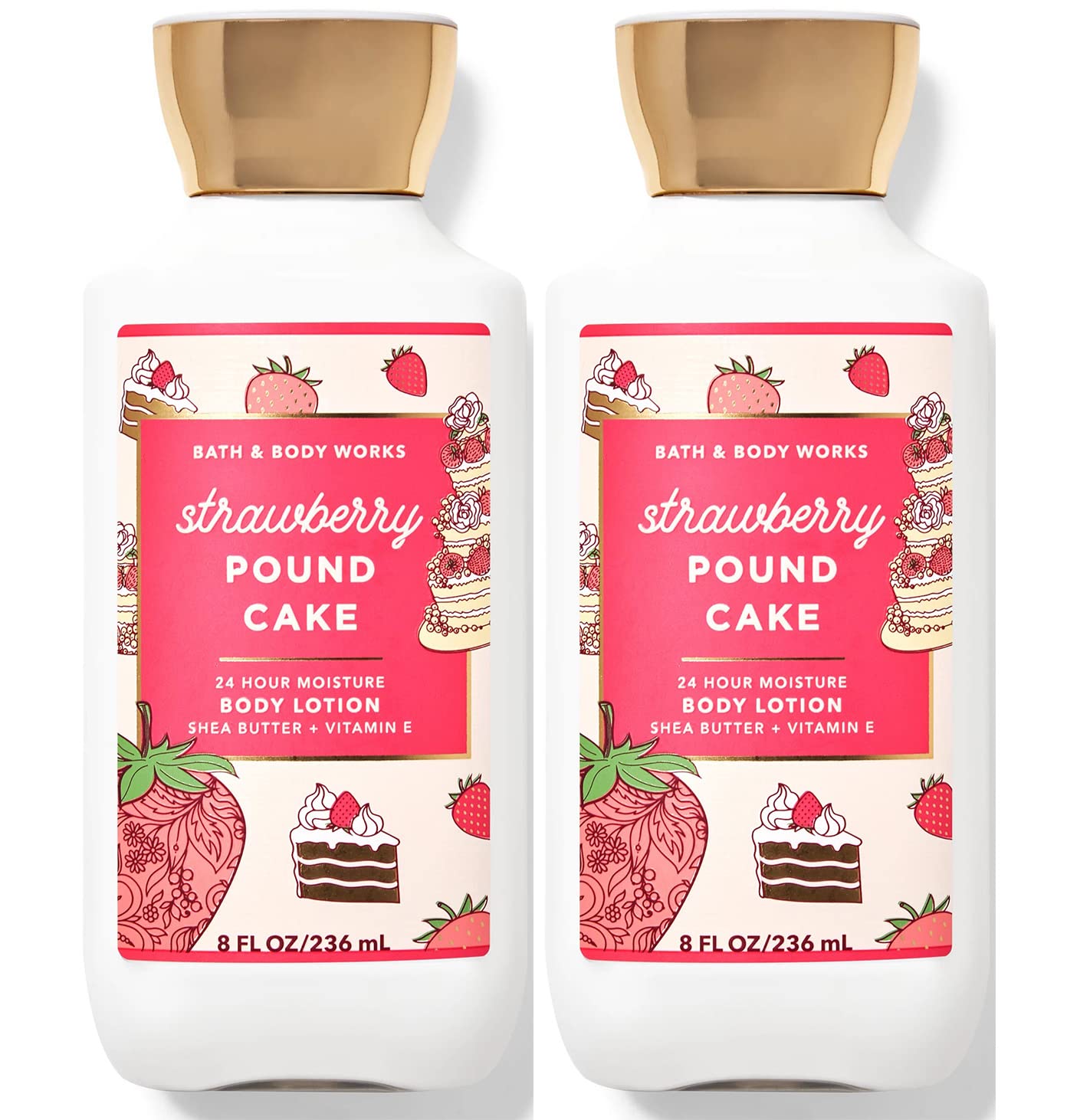 Bath & Body Works Strawberry Pound Cake lotion duo provides lasting moisture and soft skin.