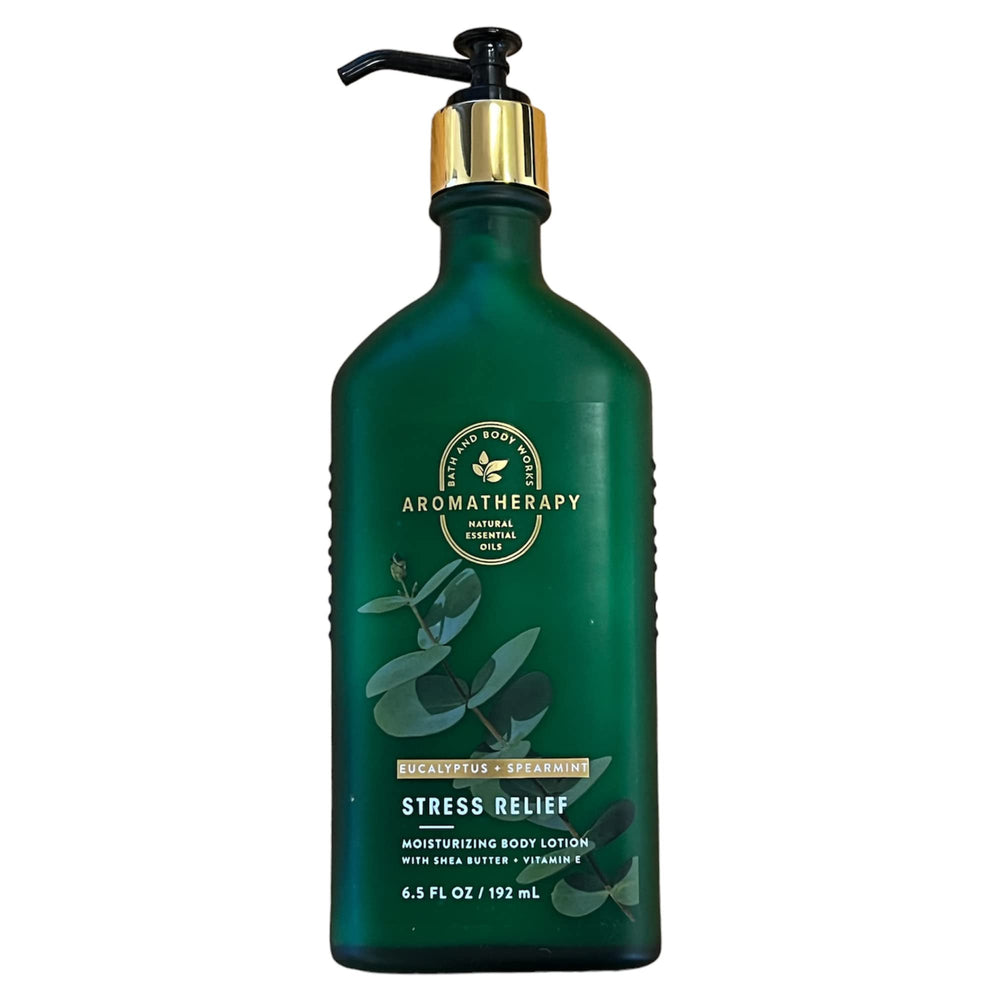 Bath and Body Works Stress Relief lotion pump close-up shows smooth texture.