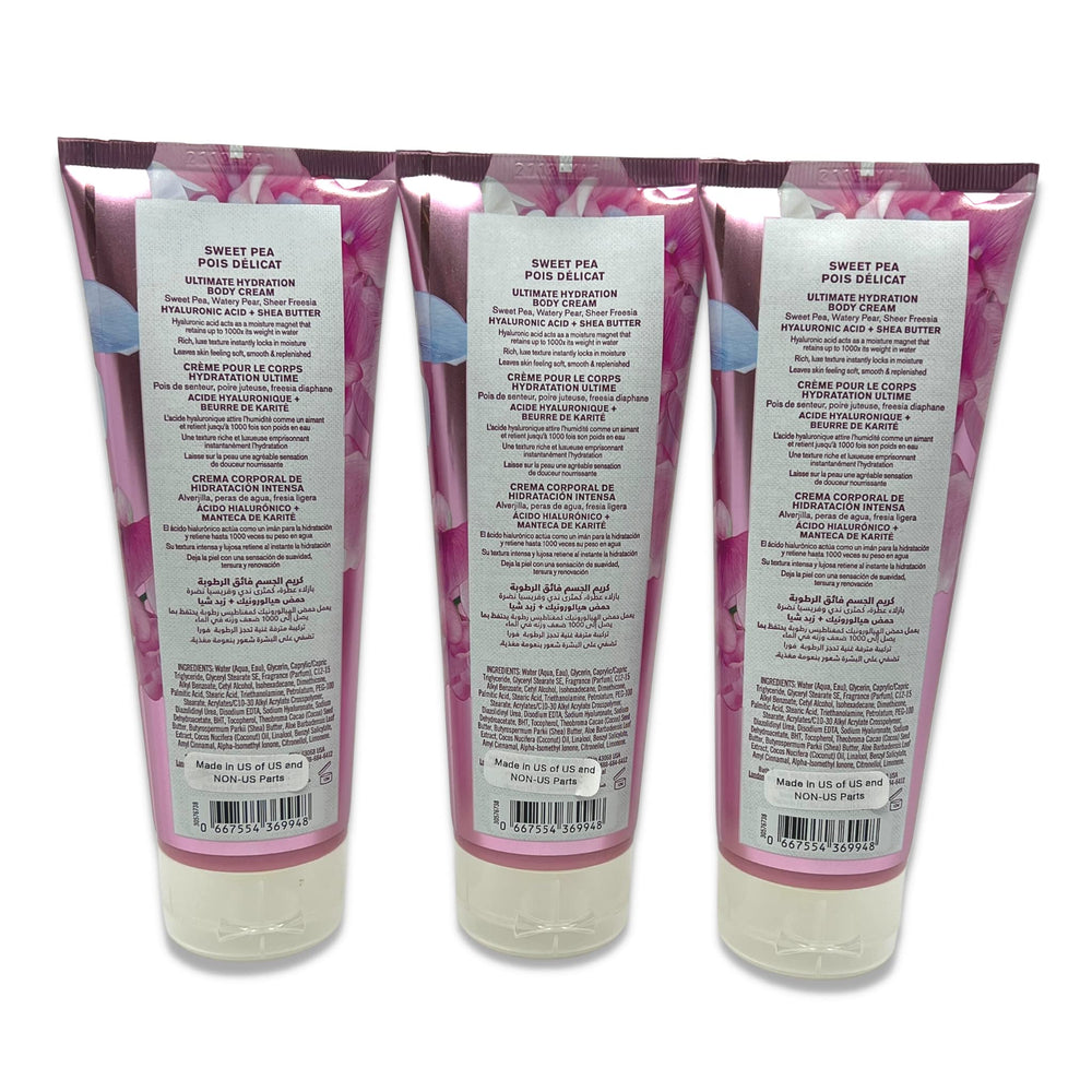 Bath & Body Works Sweet Pea Body Cream three-pack flatlay highlights convenient hydration routine