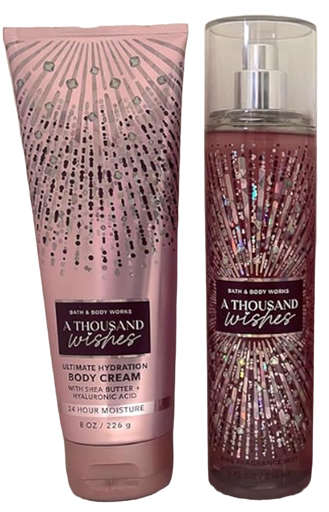 Bath & Body Works Thousand Wishes holographic shimmer design on bottles enhances vanity display.