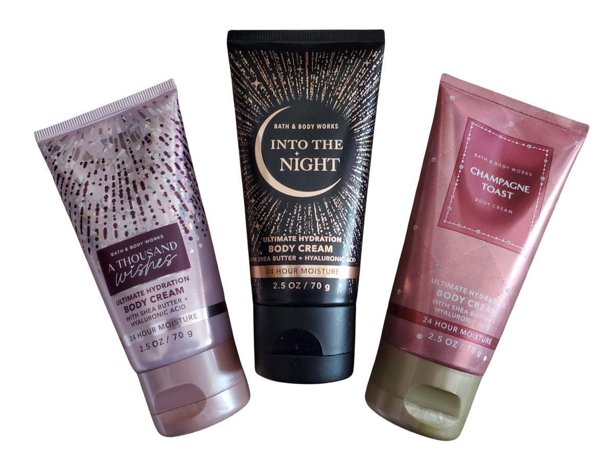 Bath & Body Works Thousand Wishes travel-size cream bottle close-up for smooth skin