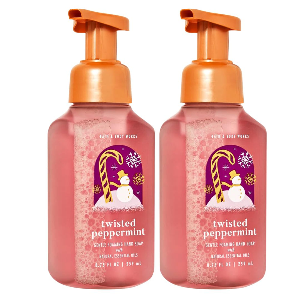Bath & Body Works Twisted Peppermint hand soap label on sink highlighting inviting scent