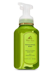 Bath and Body Works White Barn Eucalyptus Mint bottle with mint print for refreshing hand washing.